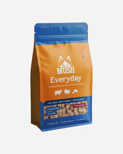 MUSH Everyday Blå – frysetørret hundefoder med okse, kalkun og laks – 400g