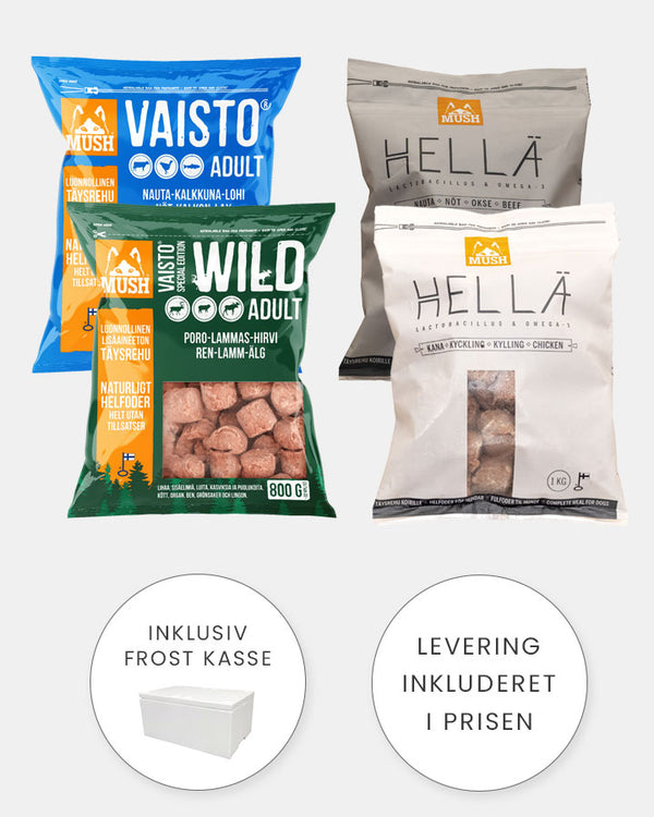 MUSH Hund - Smagspakke 3 - 2x800g & 2x1000g (1 x Blå - 1 x Wild - 1 x Okse - 1 x Kylling)