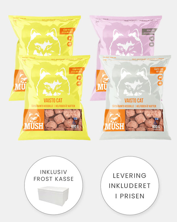 MUSH Kat - Startpakke 1 - Nem Start på Barf - 4x800g (2 x Gul - 1 x Hvid - 1 x Pink)