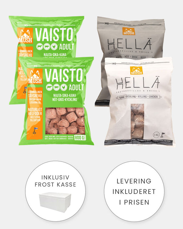 MUSH Hund - Startpakke 2 - Nem Start på Barf - 2x800g & 2x1000g (2 x Grøn - 1 x Okse - 1 x Kylling)