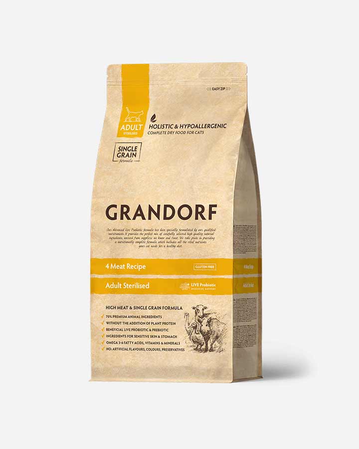 Grandorf Cat Adult Steriliseret 4 Meat - Kalkun, Lam, And og Vildsvinekød - 2Kg