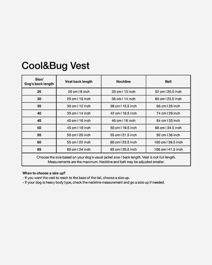 Paikka Cool & Bug vest størrelses guide. 