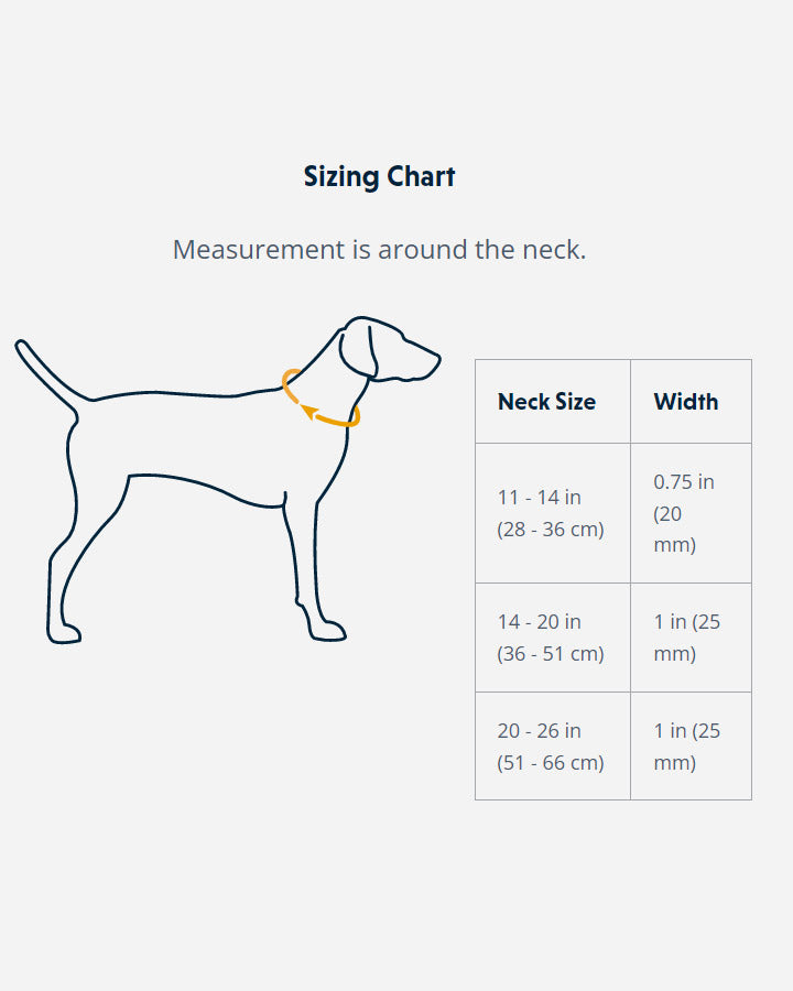 Størrelsesskema for Ruffwear Front Range halsbånd til hunde